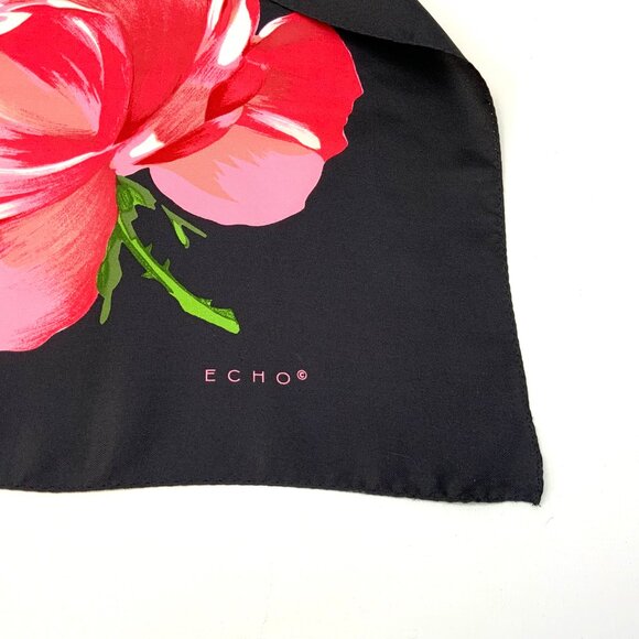 ECHO Large Square Silk Scarf Rose Blossons on Black Background 35" - Picture 14 of 16